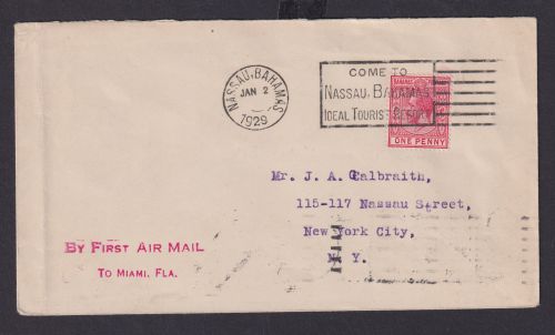 Bahamas Flugpost Brief Destination Nassau New York City USA via Miami Florida