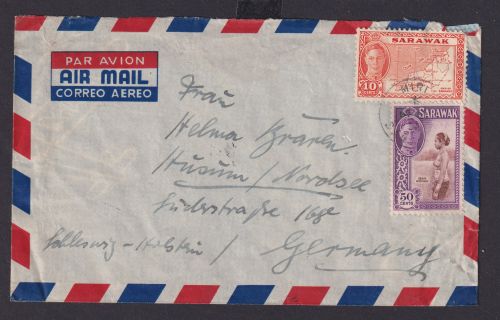 Sarawak Malaysia Flugpost Brief MIF 10 + 50 cts, nach Husum Nordsee Insel Borneo