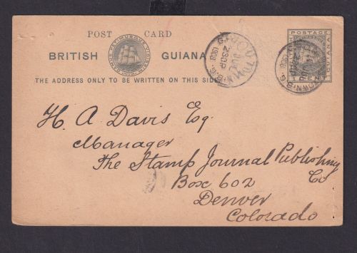 British Guiana Ganzsache 1 cent grau nach Denver Colorado USA