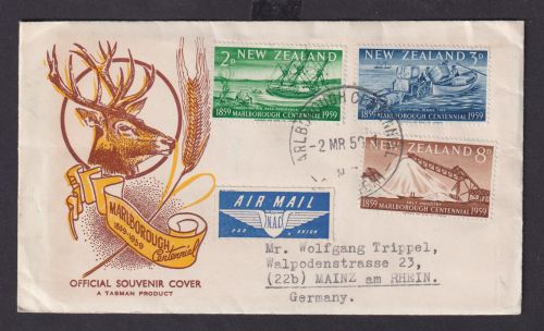 Flugpost Neuseeland Brief 382-384 Destination Provinz Marlborough Mainz Schiffe