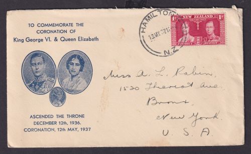 Neuseeland Brief EF 232 Krönung King Georg + Queen Elisabeth Hamilton nach