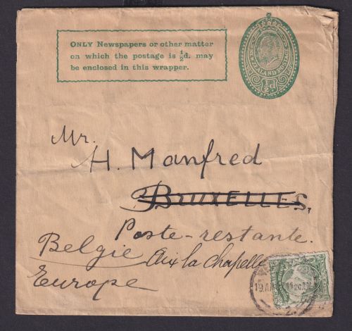 Neuseeland Brief Ganzsache Streifband King Eduard 1/2p + Portomarke nach Belgien