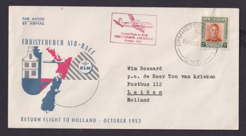 Flugpost Neuseeland Brief KLM Christchurch Amsterdam Niederlande EF 2 Shilling
