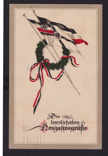 Ansichtskarte Neujahr Fahnen Lorbeerkranz Deutsche Reichsfarben ab Dessau