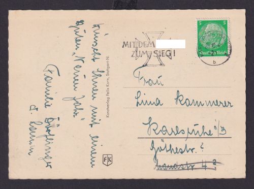 Deutsches Reich Drittes Reich Karte SST Siegparole Karlsruhe 23.12.1941