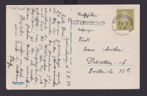 Deutsches Reich Drittes Reich Ansichtskarte SST Rechtzeitig Postreisescheck