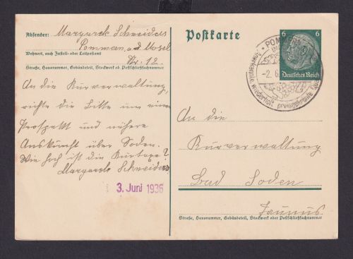 Ostgebiete Deutsches Reich Drittes Reich Ganzsache SST Pommern Mosel Anerkannte