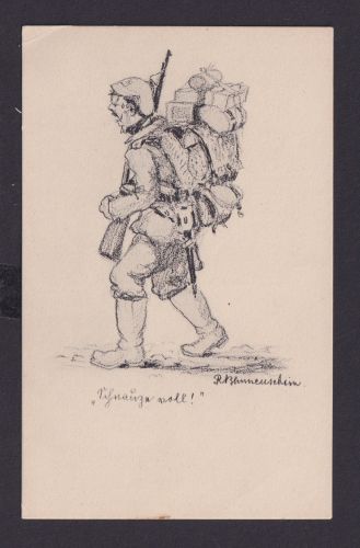 Ansichtskarte Künstlerkarte Bleistiftzeichnung Sign. Soldat m. Marschgepäck