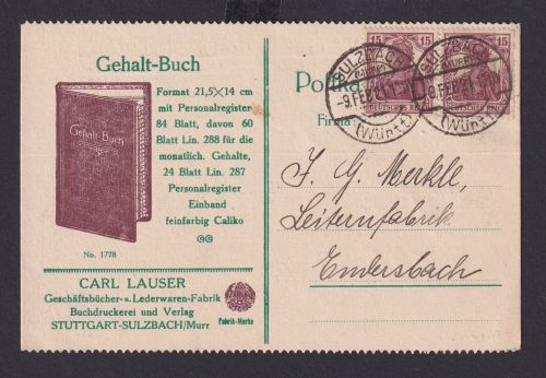 Deutsches Reich Brief MEF 15 Pfg. Germania Paar Sulzbach Reklame Karte Buch nach