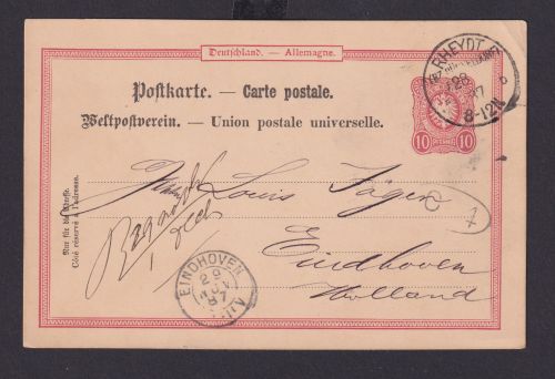 Deutsches Reich Ganzsache 10 Pfg Wappen Adler K1 Rheydt Bz. Düsseldorf Eindhoven
