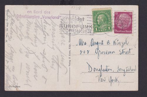 Schiffspost Deutsches reich Schnelldampfer Vaterland n Douglaston Long Island USA
