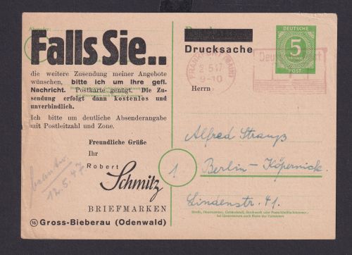 All. Besetzung Ganzsache Karte Drucksache AFS Freistempel WST 001 Frankfurt