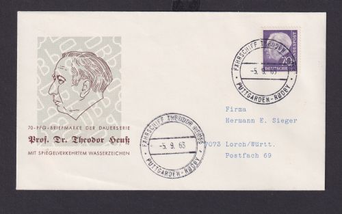 Bund Brief 70 Pfg. Heuss mit Sonderstempel Fährschiff Theodor Heuss Puttgarden