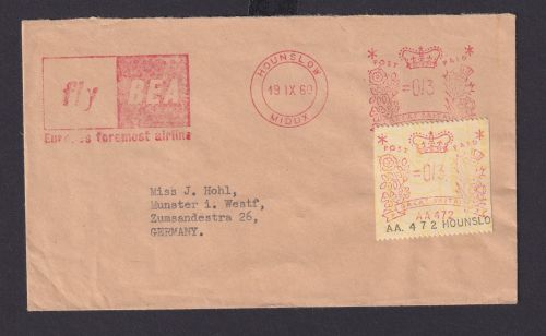 Flugpost Großbritannien Brief Hounslow AFS Absenderfreistempel Postpaid plus