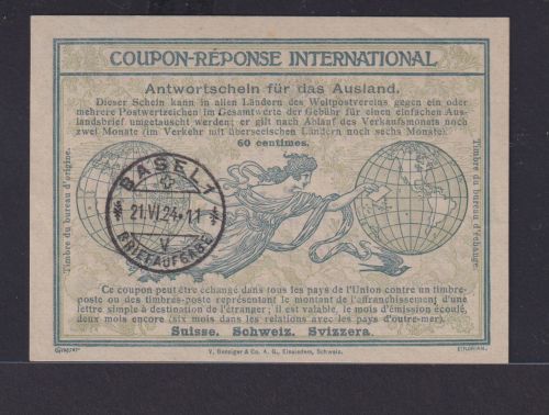 IAS Internationaler Antwortschein Basel Schweiz 60 Centimes 21.6.1924