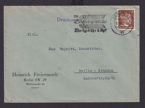 Berlin Deutsches Reich Drittes Reich Brief Postsache SST Telegramme n. Berlin