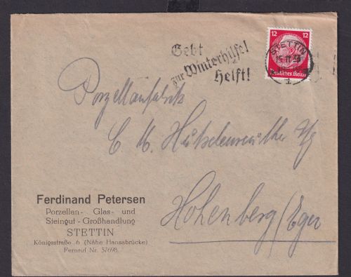 Stettin Preußen Deutsches Reich Drittes Reich Brief SST Gebt zur Winterhilfe