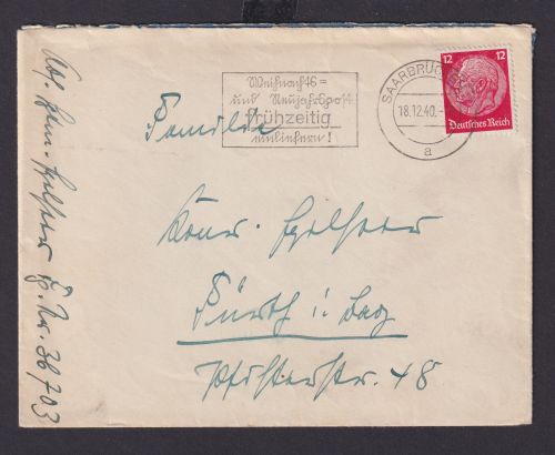 Saarbrücken Saarland Deutsches Reich Drittes Reich Brief SST Weihnachts und
