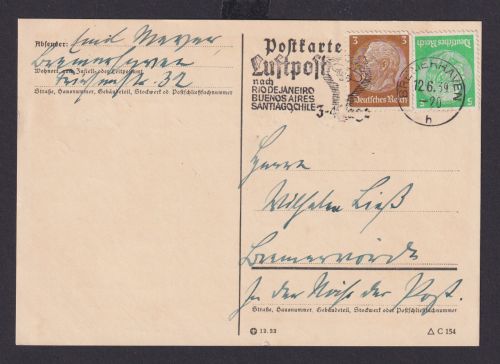 Bremerhaven Deutsches Reich Drittes Reich Karte Flugpost SST Luftpost nach Rio