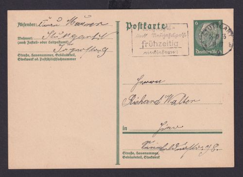 Ganzsache Stuttgart Baden Württemberg Deutsches Reich Drittes Reich Karte SST