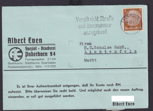 Paderborn NRW Deutsches Reich Drittes Reich Karte Postsache SST Vergiß nicht