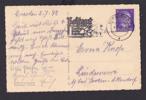 Dresden Sachsen Deutsches Reich Drittes Reich Ansichtskarte Postsache SSTPostgut