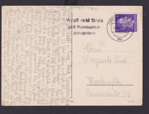 Dresden Sachsen Deutsches Reich Drittes Reich Ansichtskarte Postsache SST Vergiß