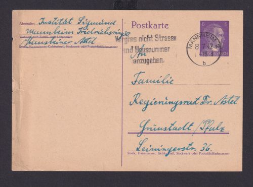 Ganzsache Mannheim Baden Württemberg Deutsches Reich Drittes Reich Karte