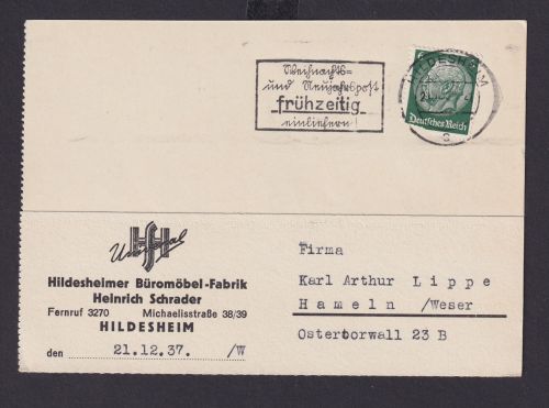 Hildesheim Niedersachsen Deutsches Reich Drittes Reich Karte Postsache SST
