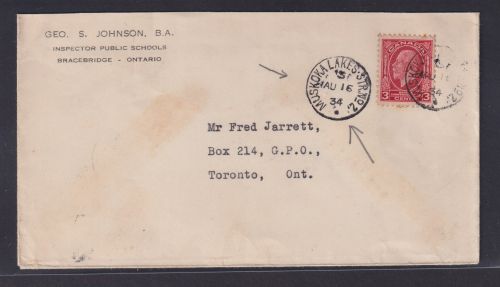 Kanada Brief mit K1 Muskoka Lakes Str. No.2 nach Toronto Geo. S. Johnson B.A.