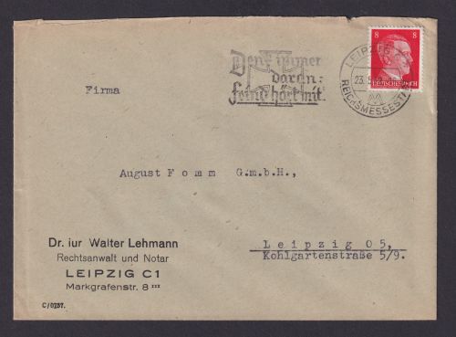 Leipzig Sachsen Deutsches Reich Drittes Reich Brief SST Denk immer daran.Feind