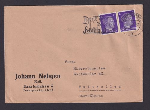 Saarbrücken Saarland Deutsches Reich Drittes Reich Brief SST Denk immer daran.