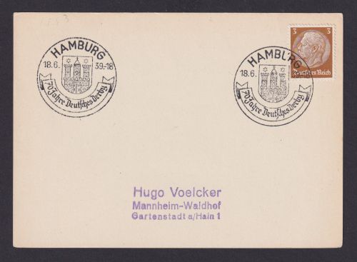 Hamburg Deutsches Reich Drittes Reich Postkarte Pferdesport Anlass SST 70 Jahre