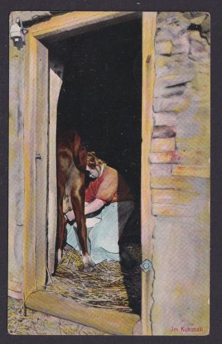 Ansichtskarte Im Kuhstall Bäuerin Kuh Verlag Bernh. Lengner Chromolithographie