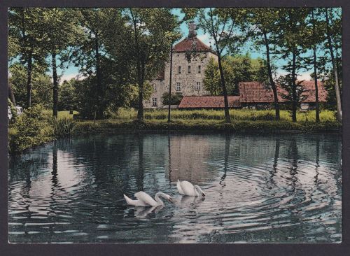 Ansichtskarte Bustedt b. Bünde Westfalen Wasserburg Teich Schwäne Verlag