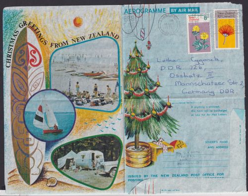 Neuseelad Brief Ganzsache Aerogramm Weihnachten Ashburton n. Oschatz DDR