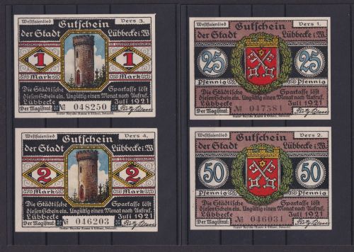 Banknoten Geldscheine Notgeld Lübbecke Westfalen 4 Scheine 0,25-2,00 Mark