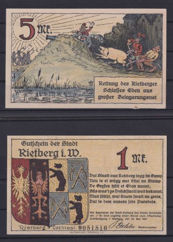 Banknoten Geldscheine Notgeld Rietberg Westfalen 5 Scheine 0,25 - 5 Mark