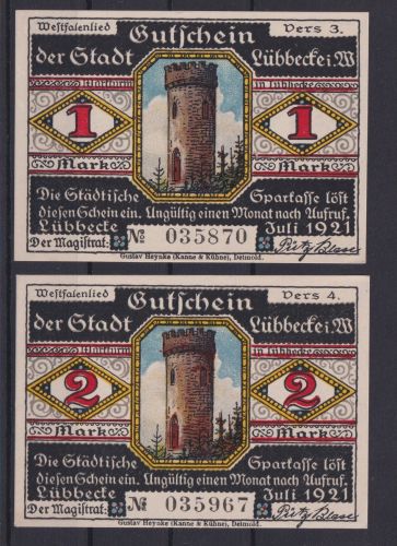 Banknoten Geldscheine Notgeld Lübbecke Westfalen 2 Scheine 1-2 Mark