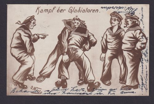 Ansichtskarte Scherzkarte Humor Kampf der Gladiatoren Matrosen n. Rehau Hof