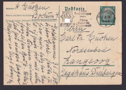 Bochum NRW Deutsches Reich Ganzsache Karte SST 5 Jahre Reichsluftschutz und 5