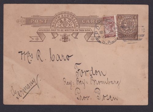 Australien South Australia Ganzsache Card 1p ZuF 1/2p Destination G.P.O Adelaide