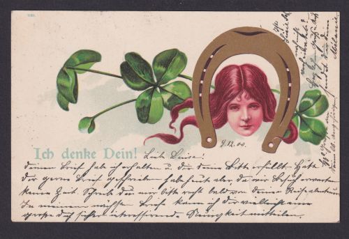 Jugendstil Ansichtskarte Grußkarte Hufeisen Goldbelag n. Birklach Hagenau Elsaß