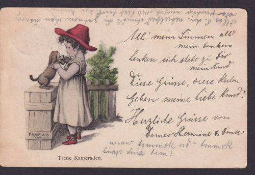 Ansichtskarte Mädchen m. Hund Treue Kameraden Künstlerkarte Sign. F.Maddalena