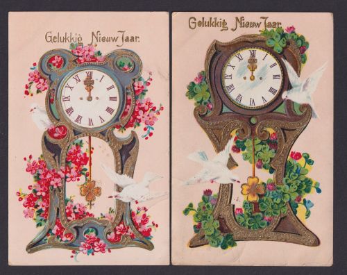 Ansichtskarte Lot Sammlung 2 Karten Jugendstil UhrenZierkarten m. Goldauflage