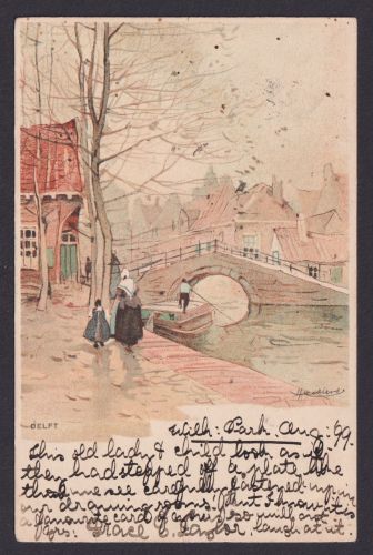 Ansichtskarte Delft Niederlande Künstlerkarte Handgemakt Sign. Brücke Boot