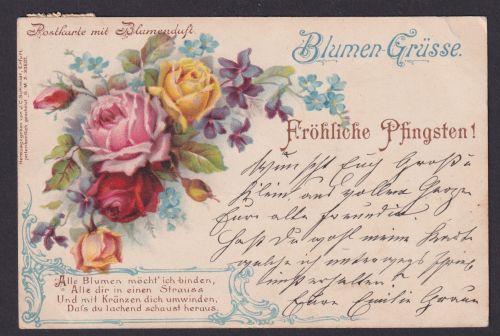 Ansichtskarte Duftkarte Künstlerkarte Blumengrüße Pfingstgruß Blumenduft Karte