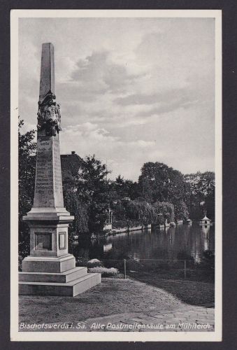 Ansichtskarte Bischofswerda Sachsen Alte Postmeilensäule am Mühlteich Adam