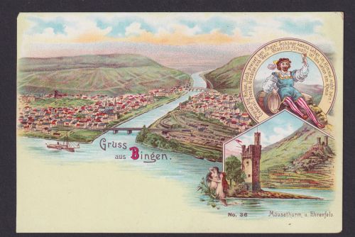 Litho Ansichtskarte Bingen Rheinland Pfalz Rhein Fluss Mäusethurm Ehrenfels