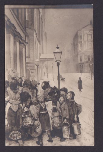 Ansichtskarte Künstlerkarte Menschen bei Essenausgabe Wintertag